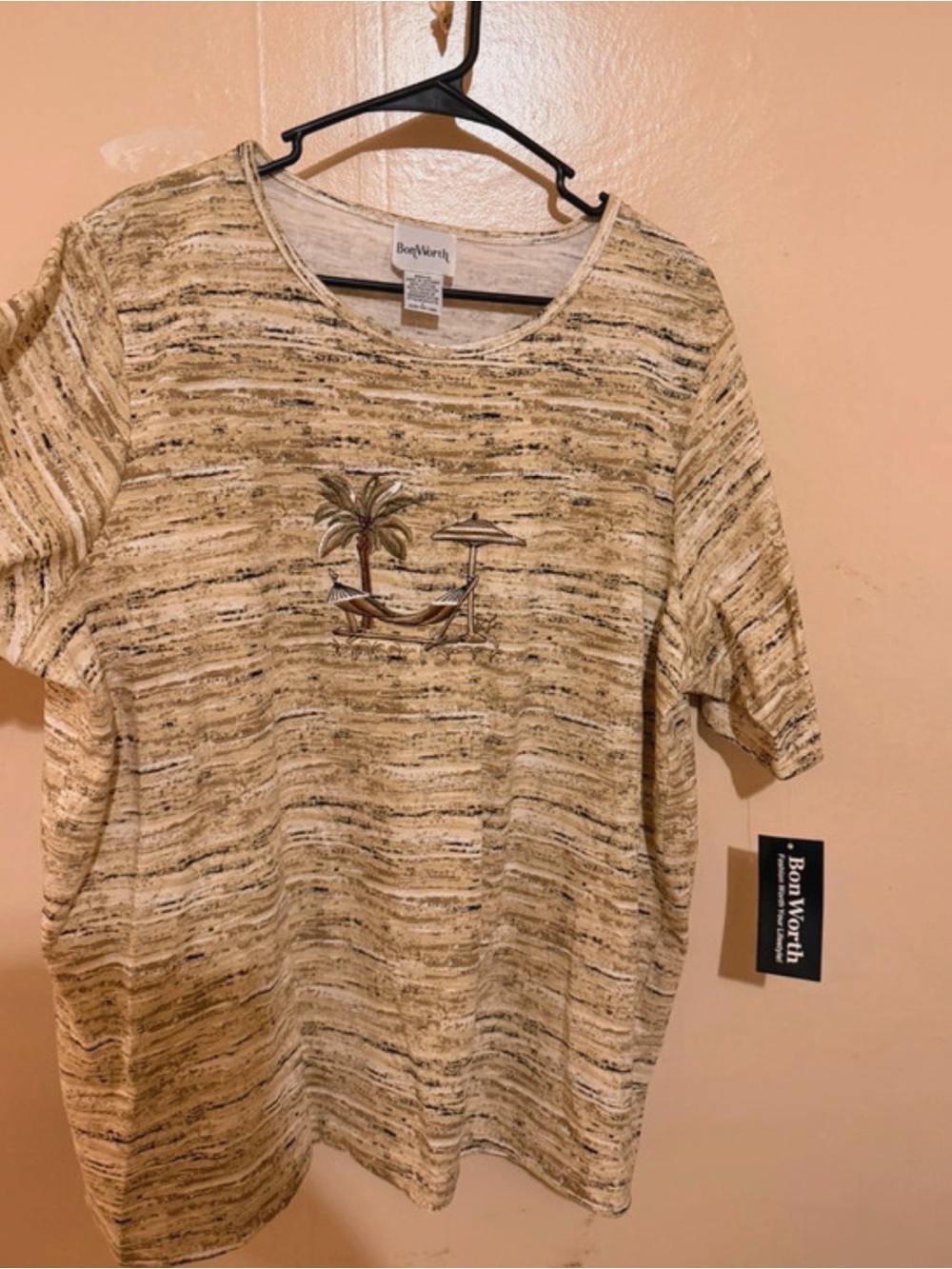 BonWorth Beige Striped Short-Sleeve Tee with Palm Embroidery